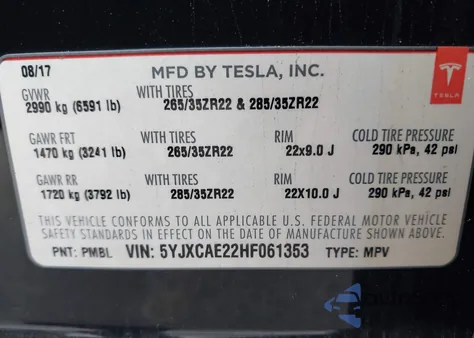 2017 Tesla Model X 100D/75D/90D из США, поврежденный, VIN 5YJXCAE22HF061353